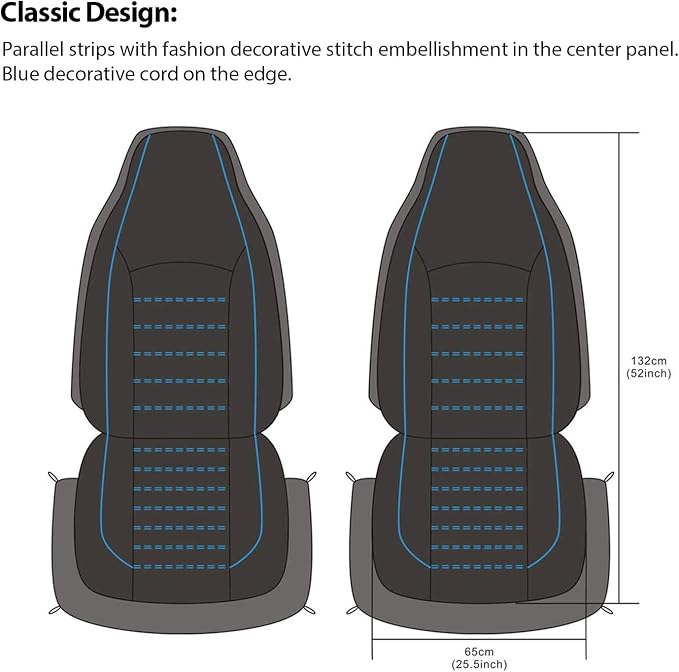 TOYOUN Classic Universal PU Leather Car Front Seat Covers High Back Bucket Seat Cover - Fit Most Cars, Trucks, SUVS, or Vans 2 PCS Blue Trim Auto Seat Covers Set Car Seat Protector for All Seasons