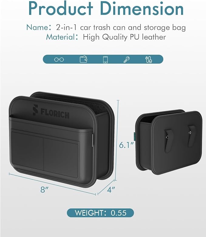 FLORICH Upgrade Car Door Organizer, Small Leather Foldable Hanging Organizer and Trash Can 2-in-1, Multi-Function Mini Storage Box Garbage Can for Car Back Seats and Side Door-2Pack