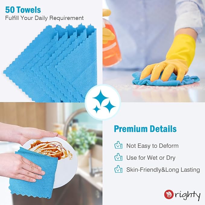 Orighty Microfiber Cleaning Cloth Bulk, 50 Pack Shop Towels 12x12 in, Blue | Reusable Microfiber Towels for Cars, Shop Rags, Multi-Purpose Lint Free Cleaning Rags for Home & Kitchen