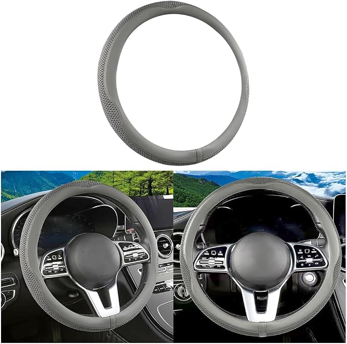 Car Steering Wheel Cover, 15 inch Ice Silk Leather Soft Comfortable Vehicle Steering Wheel Protector, Breathable Automotive Interior Accessories, Universal for SUV Sedan Truck (Gray)