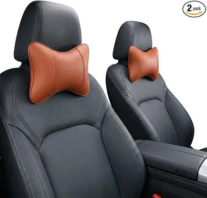Car Pillow for Car Neck Pillow for Driving Seat Leather Neck Support Soft Cushion Support Head-Rests for Vehicle Sleeping with Elastic Adjustment Strap 2PCS (Neck, Cognac)