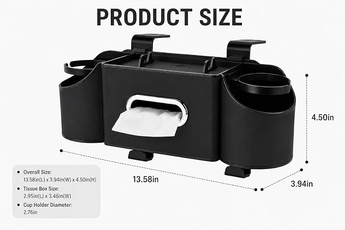 Backseat Car Organizer, 4-in-1 Car Organizer Back Seat with Cup Holder & Tissue Box, Multi-Pocket Car Back Seat Organizer for Phone, Drinks, Travel & Daily Use (Black)