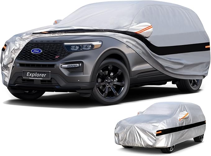 10 Layers SUV Car Cover Custom Fit for Ford Explorer (2006-2026), Waterproof All Weather for Automobiles, Outdoor Full Cover Sun Dust Rain Protection with Cotton. Silver
