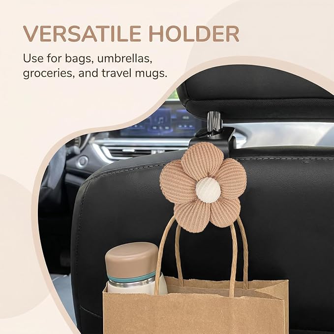 2PCS Car Seat Headrest Hook, Cute Flower Vehicle Backseat Purse Handbag Storage Hanger, Floral Auto Seat Back Holder Hook for Coat Umbrella Grocery, Universal for Vehicles (Brown/Yellow)