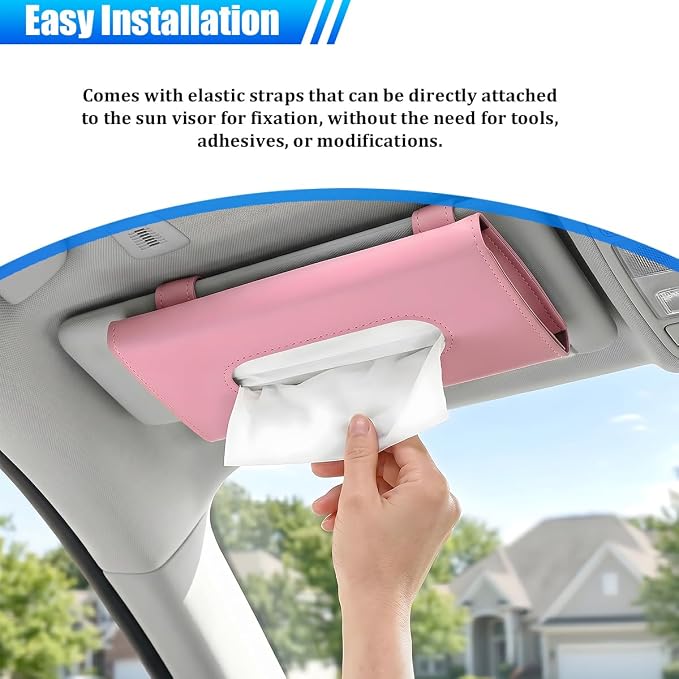 Car Tissue Holder, Rectangle Vehicle Sun Visor Napkin Case with Ergonomic Take Out Port, Automotive Interior Sunshade Tissue Box Organizer, Universal for SUV RV Truck (Pink)