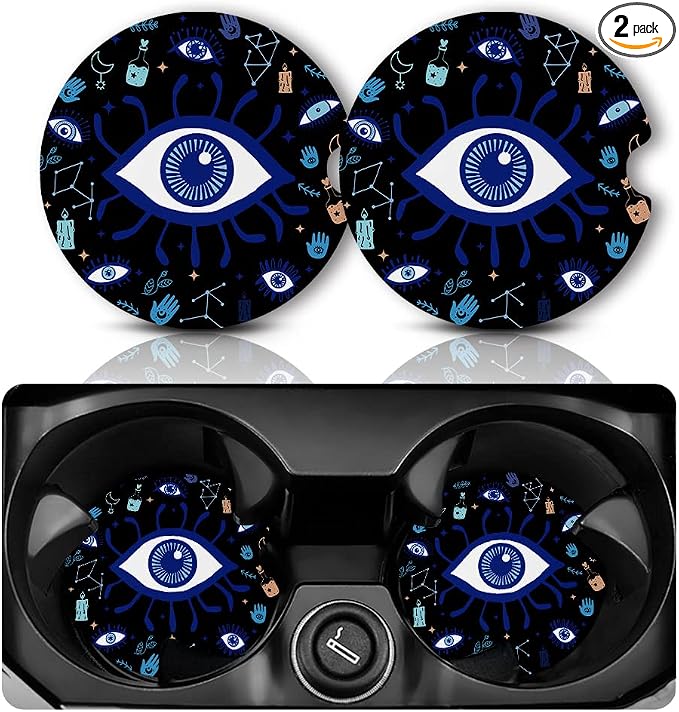 Yonlevres Car Coasters for Cup Holders，2.75" Anti Slip Rubber Mat with A Finger Notch, 2 Pack Car Cup Holder Coasters for Car Interior Accessories for Women Men Evil Eye