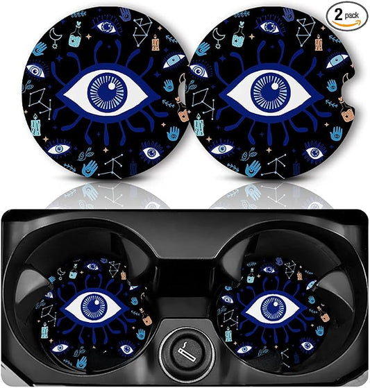 Yonlevres Car Coasters for Cup Holders，2.75" Anti Slip Rubber Mat with A Finger Notch, 2 Pack Car Cup Holder Coasters for Car Interior Accessories for Women Men Evil Eye