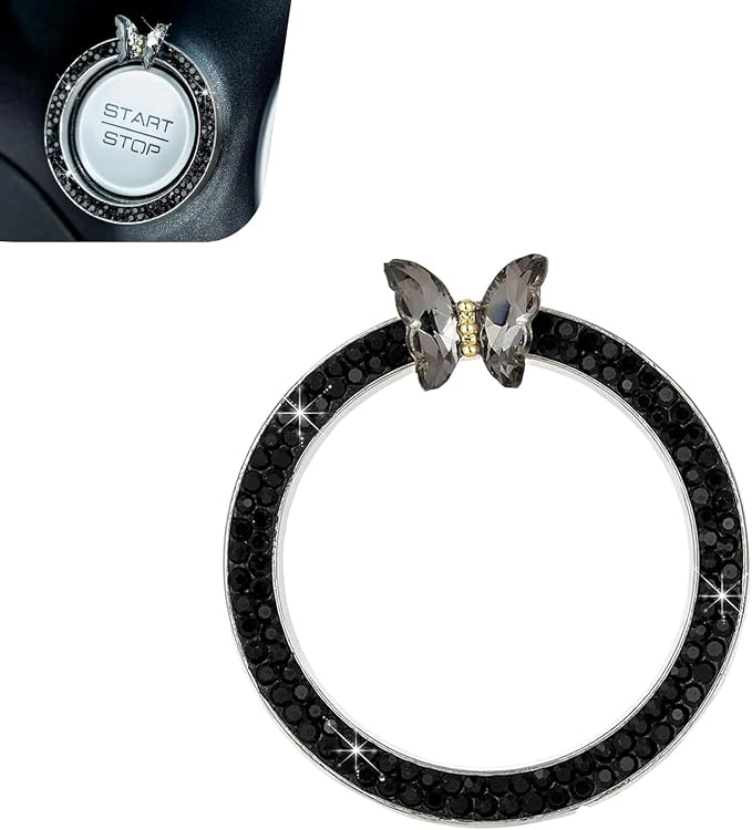 Bling Car Engine Start Stop Decoration Ring, Crystal Rhinestone Butterfly for Car Button Ring, Auto Interior Accessories for Women, Push to Start Button Cover Decoration (Black)