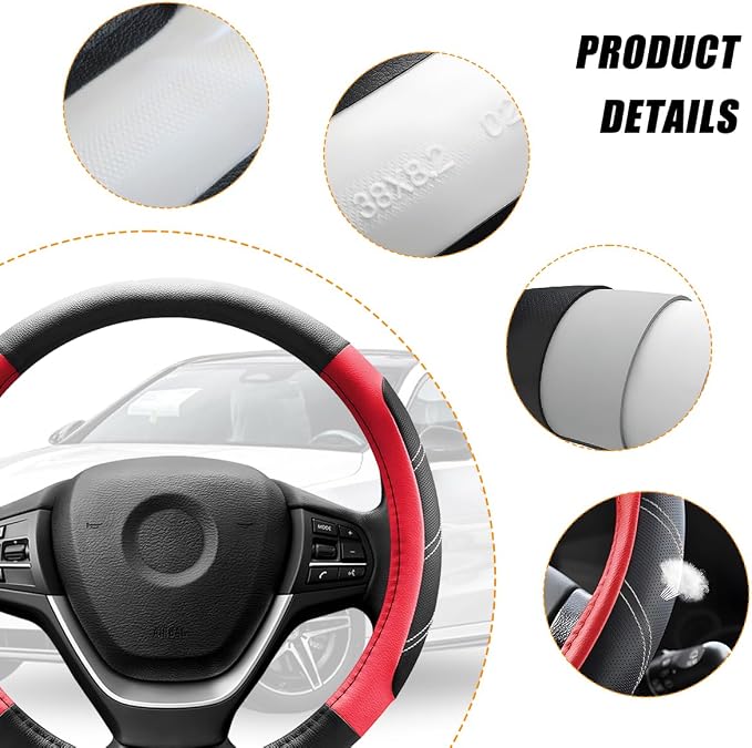 Zpana Car Steering Wheel Cover, 15 Inch Carbon Fiber Leather Non-Slip Steering Wheel Protector with Lining, Breathable Automotive Interior Accessories, Universal for SUV RV Truck (Red)
