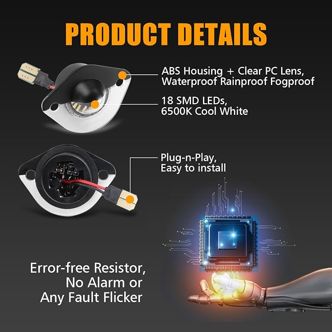 2PCS License Plate Lights Assembly 6000K Bright White For Mustang 1994-2004 | Rear Tag Light Lamps, Replace Part Number F4ZZ-13550-A XR3Z-13550-AA, Plug and Play, 300% brighter, IP65 Waterproof