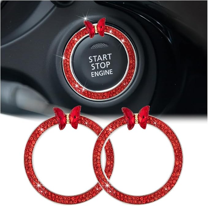 2PCS Bling Car Engine Start Stop Decoration Ring, Crystal Rhinestone Auto Push Start Button Ignition Ring Sticker, Vehicle Decor Accessories for Women Girls, Universal for Vehicles (Red)