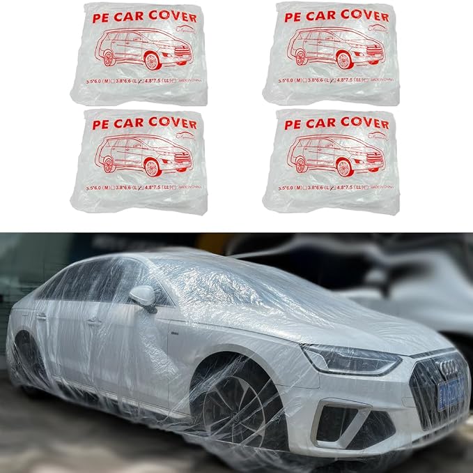 4 Packs Disposable Car Cover Clear Plastic Car Cover Universal Rain Dust Garage Cover with Elastic Band Medium (12.4 FT x 21.6 FT)