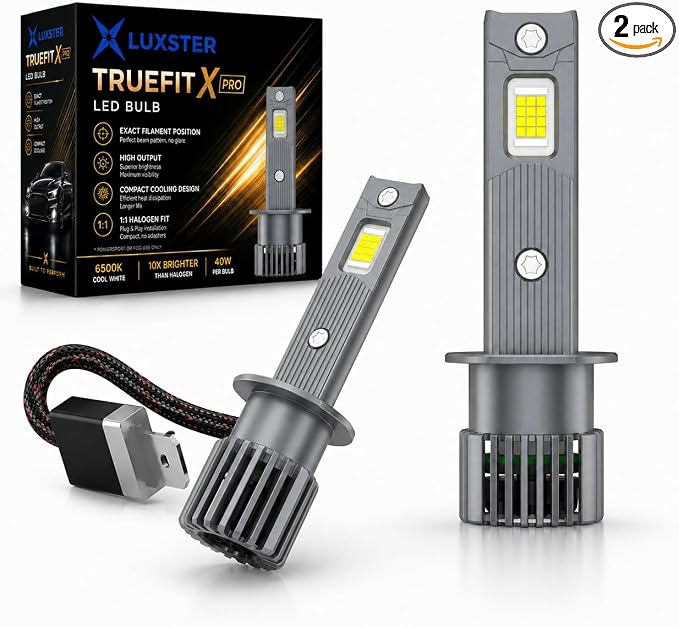 LUXSTER H1 TrueFit X Pro High Performance LED Bulbs 6000K (2 Pack) | 1:1 Mini Size, 12-Core Chip, 10X Brighter Than Halogen, Compact Cooling, Off-Road Headlight, Fog Use, Plug-and-Play Fit