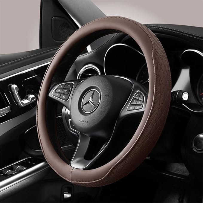 Brown Steering Wheel Cover, Perforated Synthetic Leather Car Steering Cover with Odorless Rubber Core, Non-Slip Universal Fit for Enhanced Grip and Comfort (Coffee Brown)