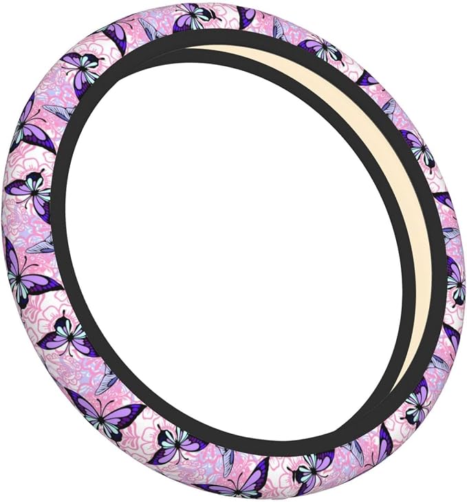 Pink Floral Purple Butterfly Pretty Steering Wheel Cover For Women Men Girls Car Accessories Decor Anti-Slip Neoprene Auto Steering Wheel Covers Protector Universal 15 Inch