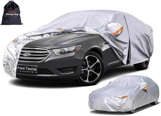 Kayme 6 Layers Sedan Car Cover Custom Fit for Ford Taurus (1991-2026), Waterproof All Weather for Automobiles,Rain Sun UV Protection.Silver