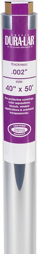Grafix Dura-Lar 0.002" Film, Ultra Clear, Glossy 40" x50', Material, Mylar/Acetate Alternative for, Blank Stencils and Templates, Protection, Transparencies, Windows, Arts and Crafts, Roll
