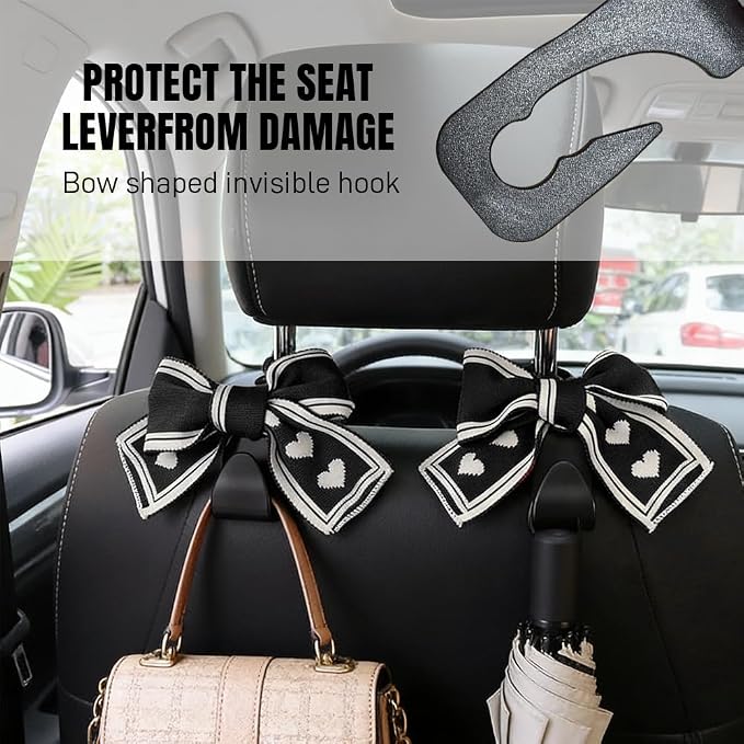 2PCS Car Seat Headrest Hooks, Car Purse Hook, Cute Bow Knot Vehicle Seatback Hanging Storage Organizer, Auto Seatback Decor Organizer Hanger for SUV Truck (Black/White)