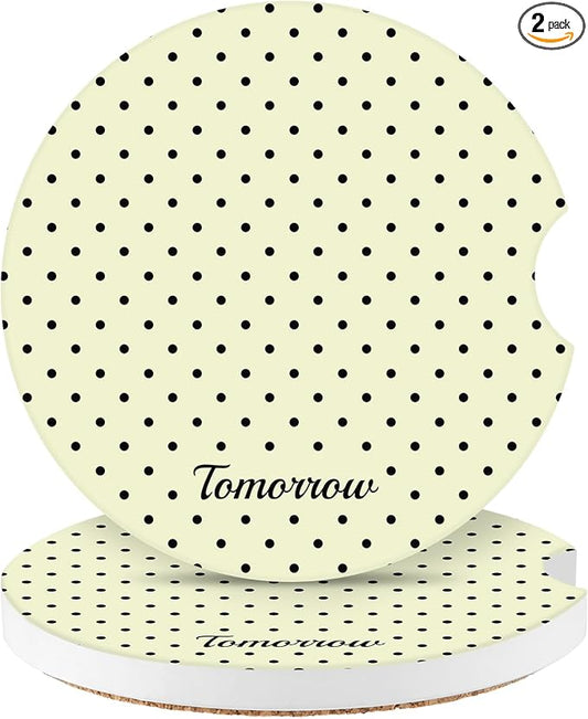 Cute Fashion Polka Dot Car Coasters 2 Pack for Cup Holders, 2.56 Inch Finger Notch Retro 70's Style Ceramics Heat Resistant Anti Slip Cork Base Car Drinks Coasters Auto Accessories-Yellow