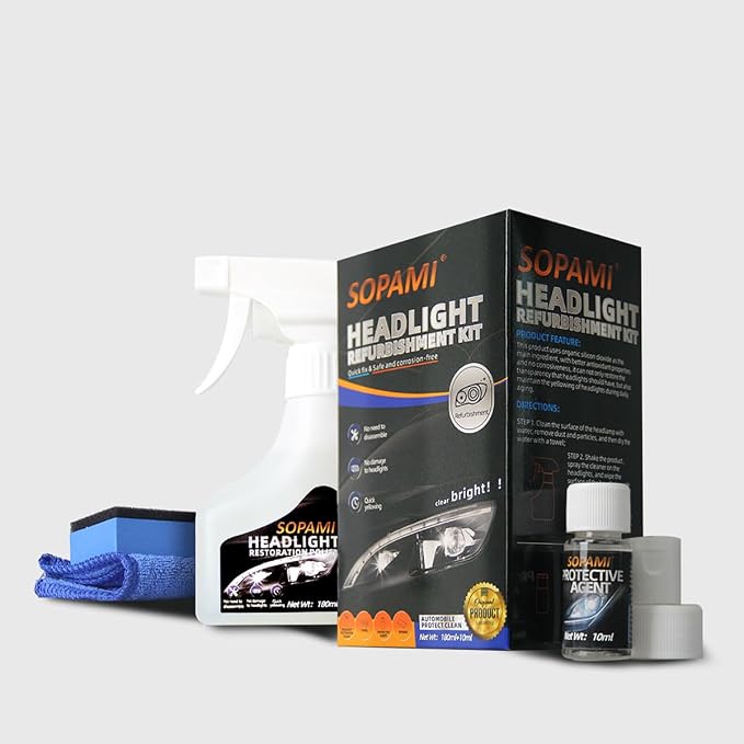 SOPAMI Car Headlight Restoration Kit Headlight Cleaner | Restores Clear Yellowed Car Plastic and Protects from Re-Oxidation Includes coating agent and towel, sponge wipe