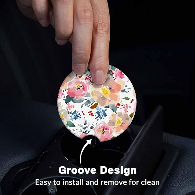Romantic Floral 2 Pack Car Cup Holder Coaster Spring Garden Colorful Plants Anti Slip Insert Absorbent Ceramic Car Coaster with Cork Base and Finger Notch Cute Car Accessories Interior for Women Men