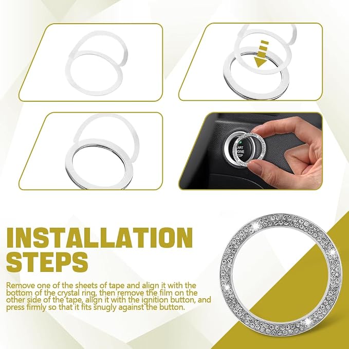 Bling Car Crystal Rhinestone Ring Emblem Sticker, Push to Start Button Cover/Sticker, Key Ignition Starter & Knob Ring, Car Interior Decoration Bling Car Accessories for Women