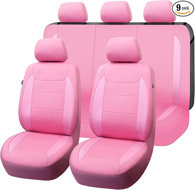 Flying Banner car seat Covers Protects Water Proof Faux Leather Carbon Fiber Fronts Rear Bench Covers (Pink Pink, Full Set - 8PCS)
