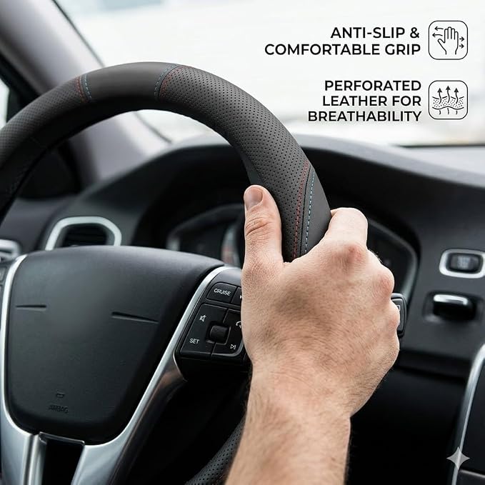 Nappa Leather Car Steering Wheel Cover, Slim Black Case 14.5-15 Inch | Premium Soft Nappa Leather with Fine Grip Texture Ultra-Thin Natural Rubber Inner Lining Fits 14.5 to 15 Inch Wheels
