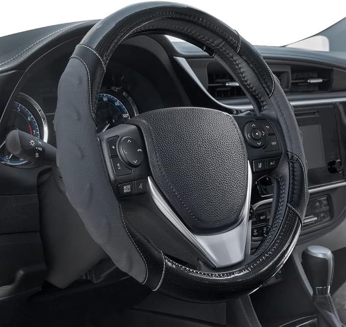 Motor Trend GripPlus Black Carbon Fiber Steering Wheel Cover, Standard 15 inch Size, Advanced Traction Grip, Car Steering Wheel Cover for Truck Van SUV Auto
