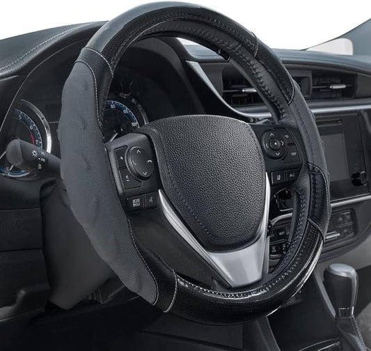 Motor Trend GripPlus Black Carbon Fiber Steering Wheel Cover, Standard 15 inch Size, Advanced Traction Grip, Car Steering Wheel Cover for Truck Van SUV Auto