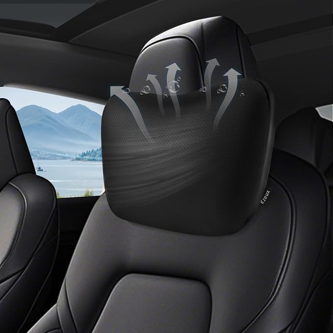 Upgraded Car Neck Pillow - Adjustable Height Headrest Cushion for Tesla Models 3/Y/S/X - Breathable Nappa Leather & High Elastic Pearl Cotton Interior (1 Pack Black)