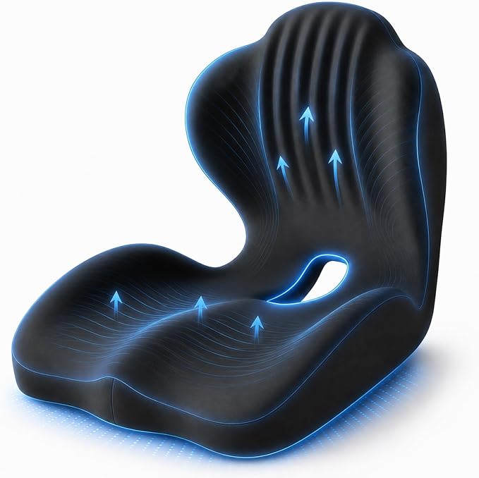 Ergonomic Memory Foam Seat Cushion with Back Support, Office Chair Cushion | L-Shaped Integrated Design with Lumbar Support and Tailbone Cutout for Office, Car, Computer, Dining Chairs (Black)