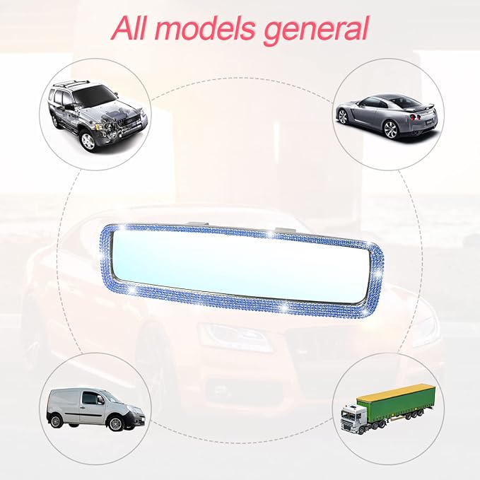 Bling Car Rear View Mirror, Rhinestones Crystal Clip-on Rearview Mirror with HD Glass, Compatible with Most Cars, SUVs, Vehicles, Auto Interior Accessories for Women Girl (Blue)