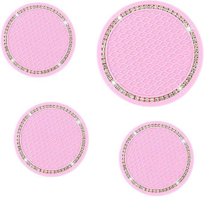 Car Coasters for Cup Holders, 2.75 Inch Auto Cup Holder Insert Coasters Silicone Anti-Slip Crystal Rhinestone Cute Drink Car Cup Mat, 4PCS Bling Car Accessories for Women & Lady (Pink)