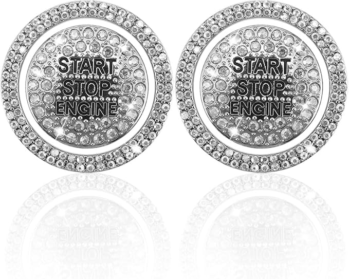 Bling Crystal Car Engine Start Ring Sticker, Sparkling Rhinestone Push Start Button Decorative Cover, Anti-Scratch Key Ignition & Knob Bling Ring Car Interior Accessories for Women (2PCS White)