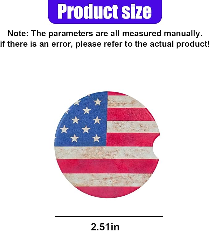 Craedli 2PCS American Flag Car Coasters for Cup Holders, 2.51" Absorbent Ceramic Anti-Slip Drink Insert Car Cup Holder Coaster with Finger Notch, Universal Auto Interior Accessory for Women Men (Red)