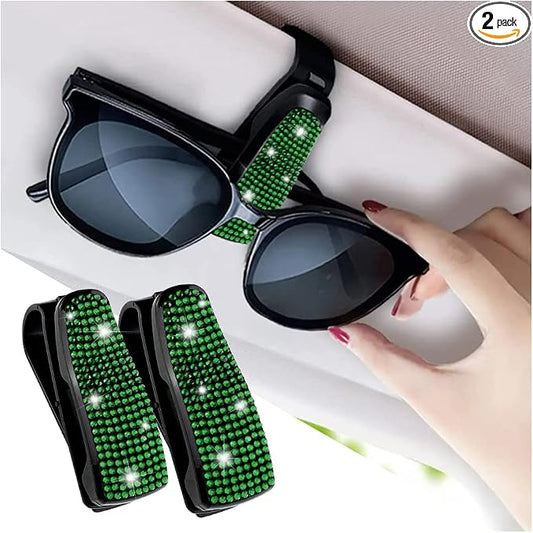 Turcee Set of 2 Bling Rhinestone Car Sun Visor Glasses Holders with Anti-Scratch Sponge,Car Decoration for Women Girls,Ticket Card Clip Visor Organizer (Green)