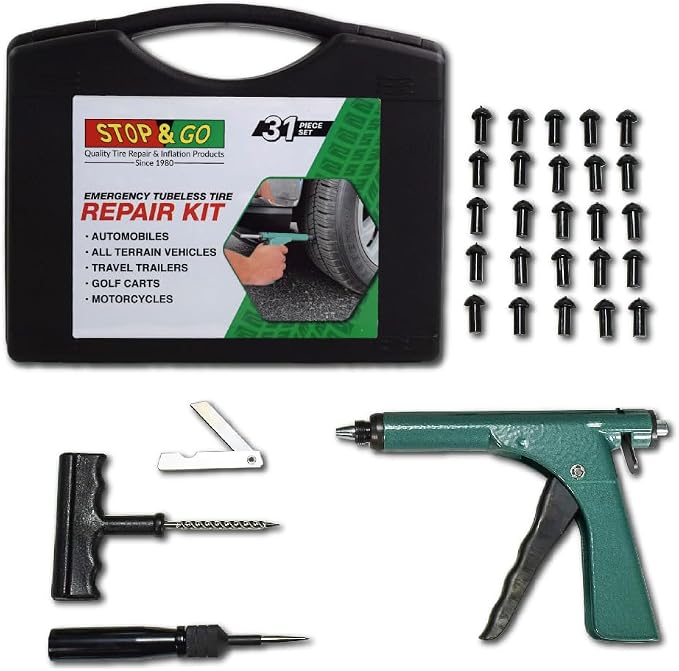 Stop & Go 1085 30 Piece Deluxe Tubeless Tire Plugger Repair Kit Punctures and Flats on Car, Motorcycle, ATV, Jeep, Truck, & Tractor (25 Mushroom Plugs)