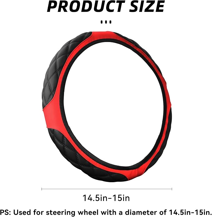 15 Inch Car Leather Steering Wheel Cover, Automotive Accessories Elastic Breathable Anti-Slip Soft Wheel Protector Fits Men and Women, Suitable for SUVs, Trucks, Vehicles and RVs (Red)