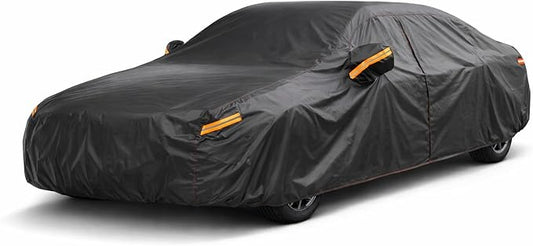 Full Size Sedan Car Cover Waterproof, 6 Layers Heavy Duty Outdoor Car Cover Universal Fit for Chevy Impala, Ford Taurus, Buick Lacrosse, Cadillac XTS/CT6, BMW 5 Series, Benz E-Class
