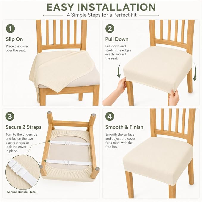 NILUOH Waterproof Seat Covers for Dining Room Chairs Set of 4, Stretch Jacquard Chair Seat Slipcovers Dining Chair Cover Removable Washable Chair Protctor Cover, Rear Covers (Beige)