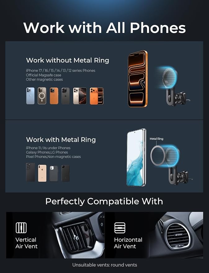 LISEN Upgraded for MagSafe Car Mount, Super Magnetic Phone Holders for Car | Air Vent Car Phone Holder Mount, Car Magnet Phone Mount, Magnetic Car Phone Holder for iPhone 17-12 Series, Carbon Fiber
