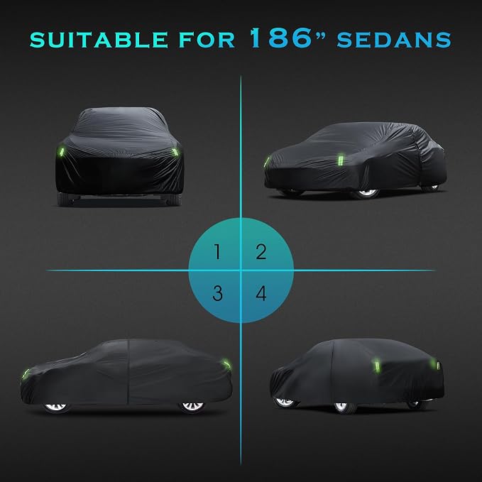 Car Cover Waterproof All Weather for Automobiles Full Exterior Covers Outdoor Rain Sun UV Protection w/Zipper, Size A2 Universal Fit for Honda Civic, Toyota Corolla, Hyundai Elantra,etc(178-186 inch)