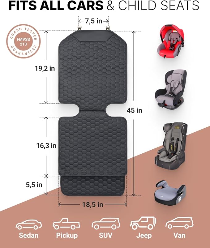 Owleys Set Seat Back Organizer & Car Seat Protector Hexy Waterproof & Non-Slip Protector for Child Car Cushion for Leather and Fabric Seats (Black)