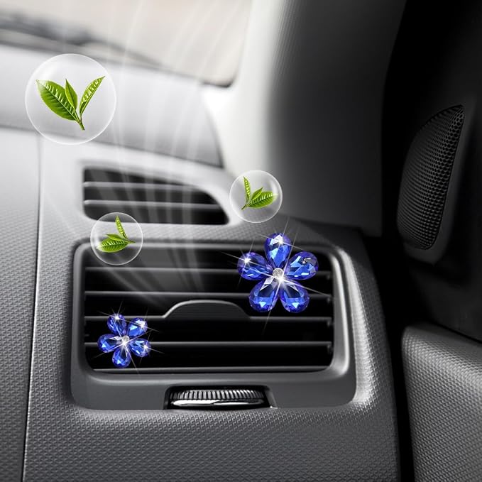 Zpana Bling Daisy Flower Car Air Vent Clips, 5PCS Sparkling Crystal Rhinestone Cute Vehicle Air Conditioning Clamp, Diamond Auto Air Outlet Clip Decor for Women Girls, Universal Fit (Dark Blue)