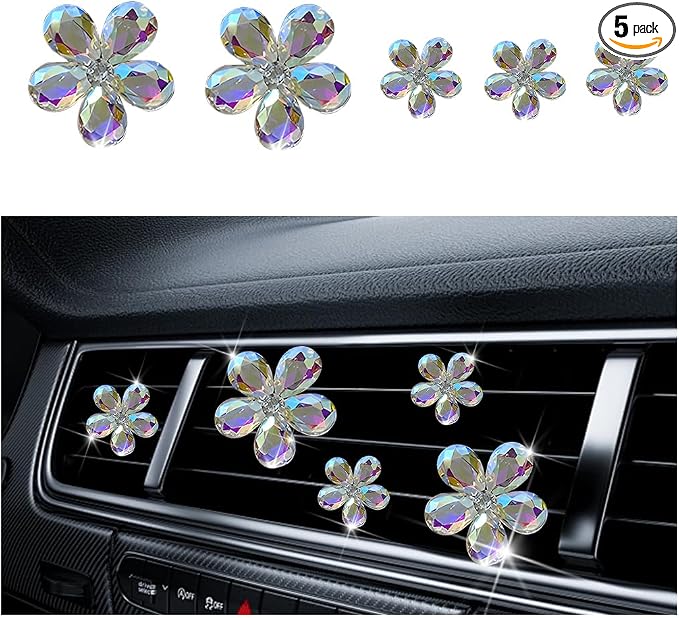5PCS Bling Flower Car Air Vent Clips, Crystal Rhinestone Vehicle Air Conditioning Outlet Clip, Diamond Automotive Interior Decoration Charm, Universal for Automobile RV Truck (Multicolor)