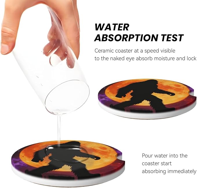 Bigfoot Moon Starry Sky Forest 2 Pack Car Cup Holder Coasters Absorbent Ceramic Drink Coasters 2.56" Anti Slip Cup Mat with Cork Base and Finger Notch Auto Accessories Interior for Women Men