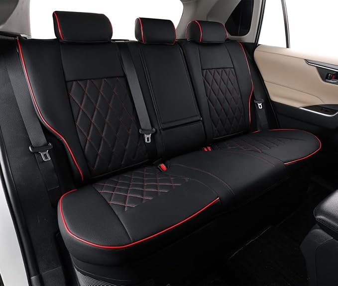 EKR Car Seat Covers for Honda CRV 2015-2016 Leatherette Full Set | Custom Fit for Honda CRV 2015 2016 Full Wrap,Airbag Compatible,Waterproof Pet-resistant,Faux Leather(Black with Red Piping)