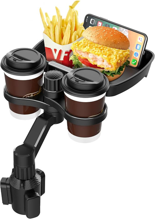 4-in-1 Car Cup Holder Expander, Universal Tray with Phone Mount for Truck | Compatible with 2.6"-3.94" cup holders. Large food tray fits snacks, drinks & devices.