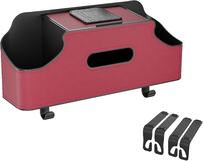 Car Headrest Backseat Organizer, Multi-Functional Vehicle Headrest Hanging Storage Box with Hook Cup Phone Holder Tissue Box, Universal Automotive Interior Seat Back Organizer (Red)